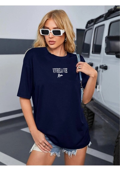 Flood Of Style Unisex Lacivert Vivre La Vie Baskılı Oversize Bisiklet Yaka Penye Tişört