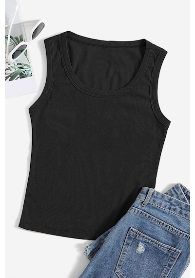 Merry See Düz Renk Kadın Kolsuz Bluz Crop Top Siyah