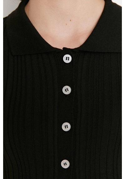 Ersefa Kadın Modern Tarz Slim Polo Yaka Regular Triko Hırka Siyah