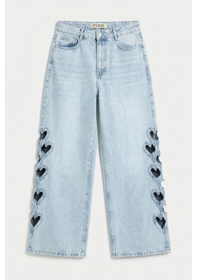 Itsbasic Kadın Ice 4s6-3 Süper Baggy Kalp Nakış Detaylı Özel Tasarım Denim Jean Buz Mavi
