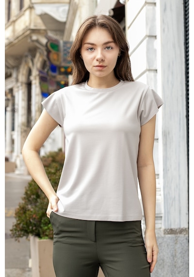 Kadın İpeksi Kumaş Geniş Sıfır Yaka Kısa Kol Tshirt Bluz-taş Taş