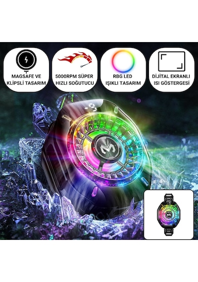 Polham Magsafe Ve Klipsli Süper Hızlı Telefon Soğutucu 5000rpm, Rgb Led, Dijital Isı Göstergeli