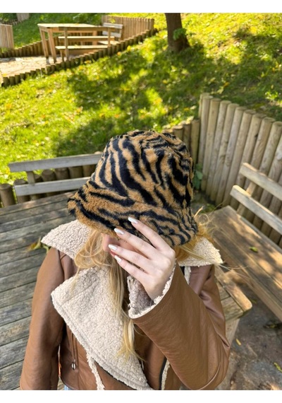 Kadın Zebra Desenli Peluş Kova Şapka - Unisex Siyah