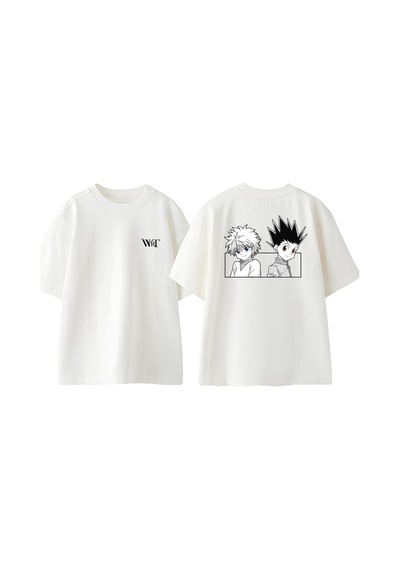 Thewert Killua And Gon Tasarım Sırt Baskılı Pamuk Beyaz Oversize T-shirt