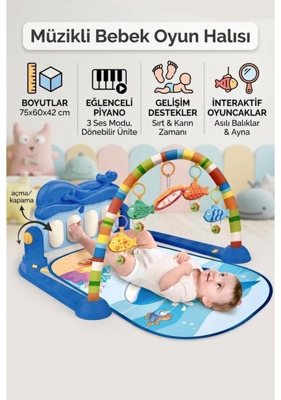 Babycim Piyanolu 3'ü 1 Arada Balina Oyun Halısı Müzikli Işıklı Aynalı Eğitici Aktivite Oyun Halısı