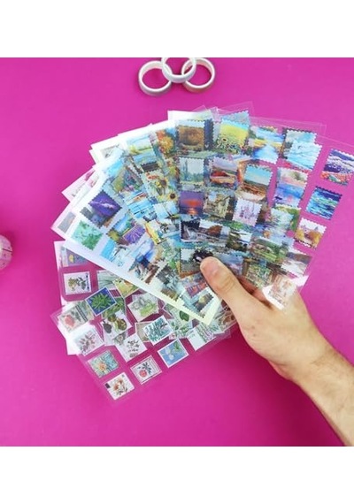 Vintage Pul Desenli Sticker Seti 4 Sayfa Scrapbook Etiketi Genel
