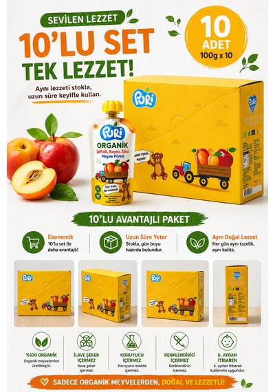 Organic Şeftalili Kayısılı Püresi 100g  x 10 %100 Organik İlave Şekersiz 10'lu Paket