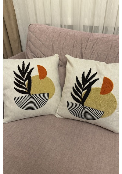 Punch İşlemeli Modern Tasarım Dekoratif 2'li Kırlent Kılıfı Nakışlı Keten 43x43 Cm Çok Renkli
