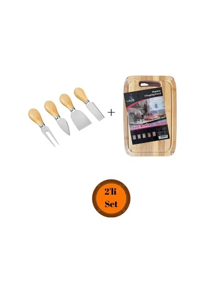 Bambu Kesme Tahtası+ahşap Saplı Peynir Bıçağı Seti Renkli
