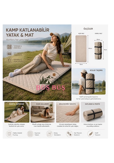 Taşınabilir Katlanır Outdoor Matı, Katlanır Yatak, Karavan Kamp Yatağı Anne Yanı Deprem Yatağı 70 190 Tek Kişilik Bej - Krem