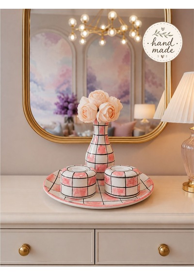 Ev Dekorasyonu - Pembe Damalı Salon Tabak Seti