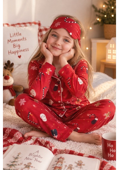Free Beka Yılbaşı Desenli Uzun Kollu Önden Düğmeli Gömlek Yaka Kız Çocuk Pijama Takımı Kırmızı Free Beka Yılbaşı Desenli Uzun Kollu Önden Düğmeli Gömlek Yaka Kız Çocuk Pijama Takımı Kırmızı