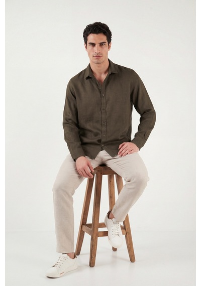 Buratti Pamuklu Regular Fit Klasik Yaka Uzun Kollu % 100 Keten Gömlek Erkek GÖMLEK CF26S1210000 Kahve