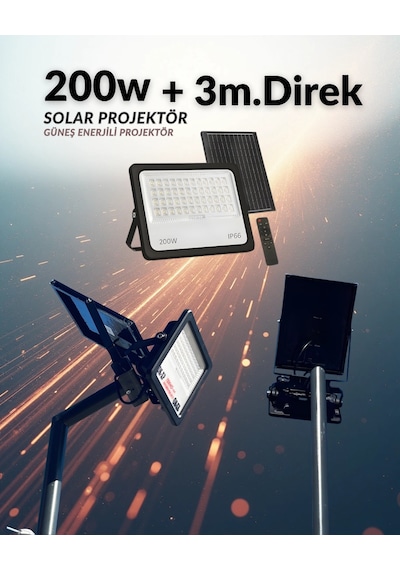 200w Kumandalı Led Solar Projektör + 3m. Lamba Direği