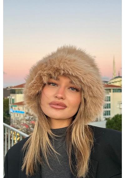 Mollycrush Luxury Kadın Camel Uzun Tüylü Suni Kürklü Peluş Rus Slav Tarzı Bucket Kalpak Şapka Camel