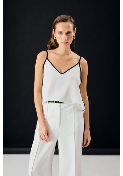 Sateen Kontrast Askılı Bluz - Ekru-137318