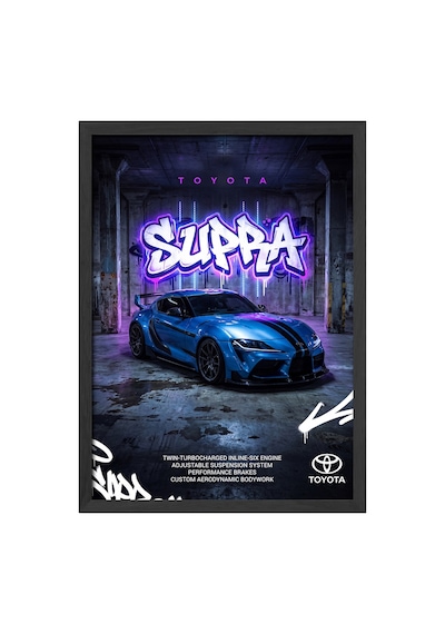 Toyota Supra Siyah Ahşap Çerçeveli Poster, Dekoratif Araba Duvar Tablosu