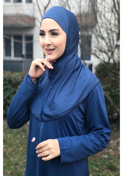 Aslınur Tek Parça Fermuarlı Namaz Elbisesi İndigo Mavi Açık Mavi