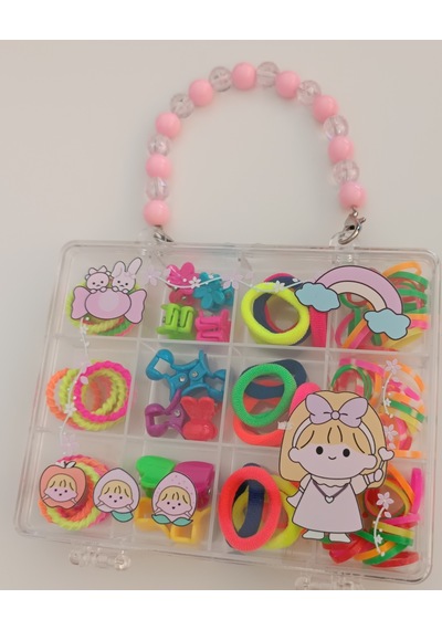 Çantalı Kız Çocuk Saç Tokası Seti Renkli Desenli Çıtçıt Peluş Ve Figürlü Kawai Bebek Toka Organizeri çok renkli