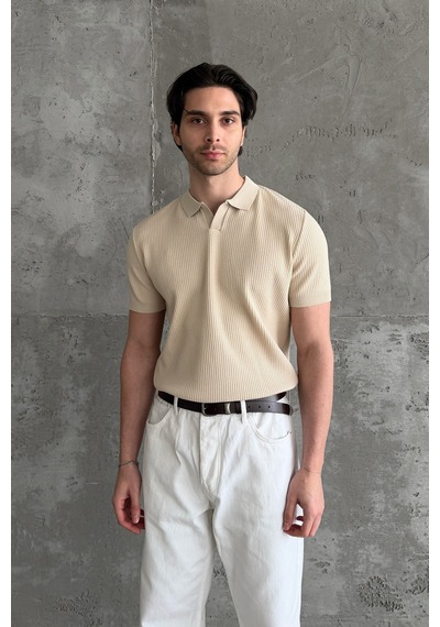 Erkek Petek Desen Polo Yaka Triko T-shirt Bej