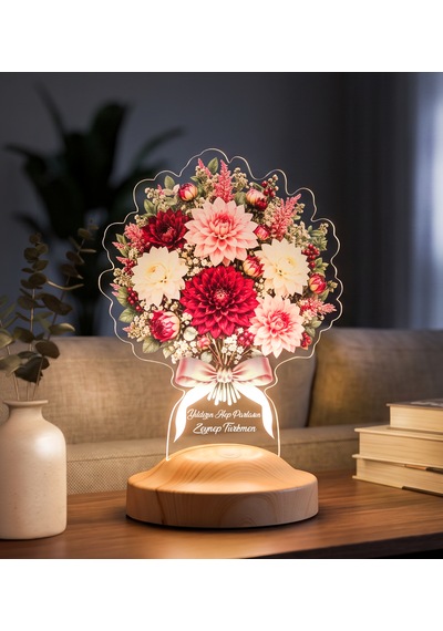 Dahlia Yıldız Çiçeği Buketi Led Lamba, Kişiye Özel Işıklı Solmayan Çiçek İsimli Kadına, Doğum Günü Hediyesi Dahlia Yıldız Buketi