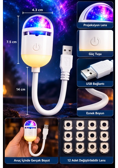 12 Lensli Usb Galaksi Projeksiyon Gece Lambası Yıldızlı Gökyüzü Ortam Aydınlatması Esnek Boyunlu Beyaz