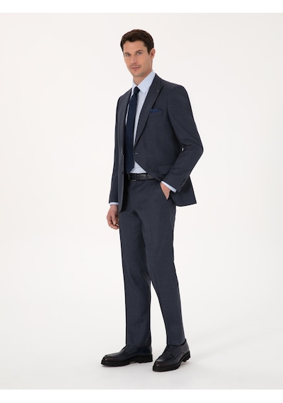 Cacharel Lacivert Slim Fit Yün Karışımlı Mikro Desen Kırlangıç Yaka Takım Elbise
