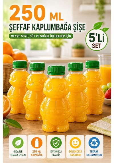 5'li Şeffaf Kaplumbağa Şişe Yeşil Kapaklı Pet İçecek Şişesi Çocuk Beslenme Matarası 250 Ml