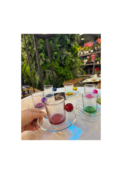 Ars Paşabahçe Renkli Kristal Toplu 12 Parça 6 Kişilik Çay Fincanı Takımı, Cam Kahve Fincan Takımı Çok Renkli