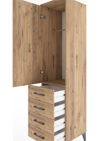 Hyperion Dolap Tek Raflı 4 Çekmeceli Tek Askılı 44x44x182 Çam... Çam