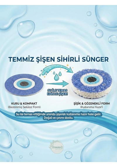Magic Sponge Şişen Sihirli Sünger Nazar Boncuğu Desenli, Su İle Temas Ettiğinde Sünger Formunu