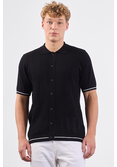 Dufy Siyah Polo Düğmeli Fitilli Kısa Kollu Slim Fit Erkek Triko Siyah