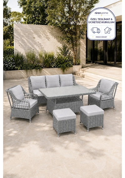 Niron Leo 3'lü Rattan Bahçe Oturma Grubu - Gri Temperli Cam Set 3+1+1+2 Puf