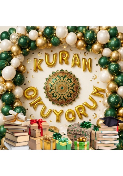 Kuran Okuyorum Temalı Kuran Okuma Töreni Folyo Harf Balon Yeşil Gold Beyaz Ve Kumbeji Balonlar Beyaz - Yeşil