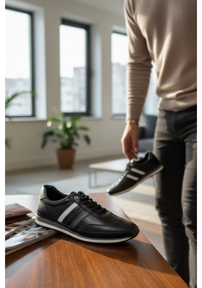 Enoch Hakiki Deri Şerit Detaylı Erkek Sneaker Ayakkabı Ortopedik Taban Siyah
