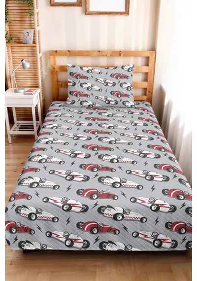 Evimde Bambaşka Araba Gri Erkek Çocuk Pike Takımı-retro Yarış Konseptli Kırmızı Bebek Odası Yatak Örtüsü-160x220 CM