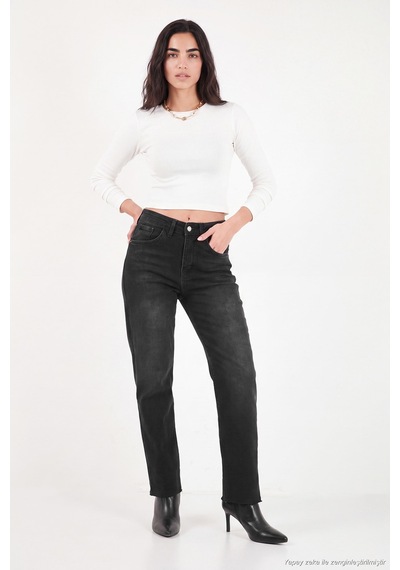 Lela Pamuklu Yüksek Bel Düz Paça Jeans Kadın Kot Pantolon 7031007 Siyah
