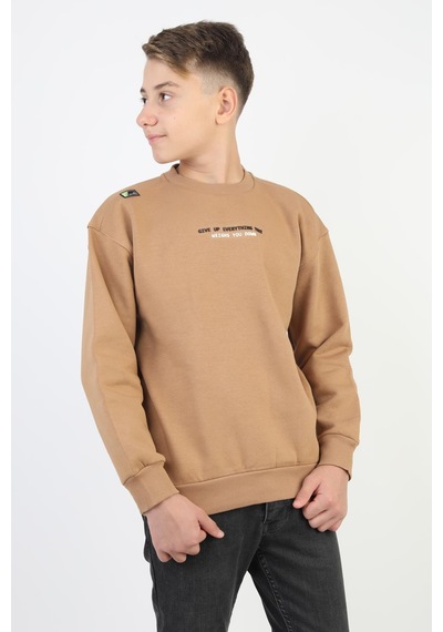 Bisiklet Yaka Baskı Detaylı Erkek Çocuk Sweatshirt-90907 Kahverengi