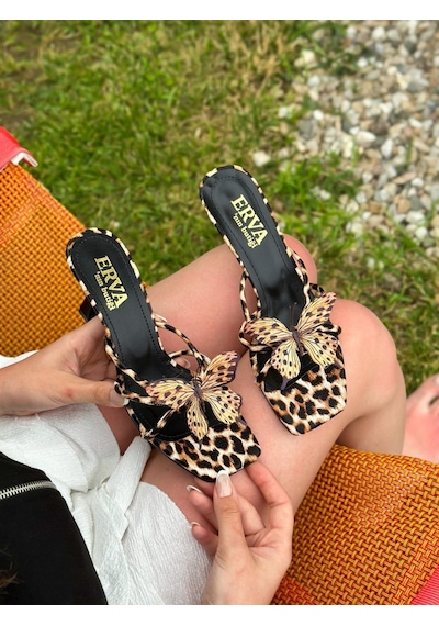 Erva'nın Butiği Leopar Cilt Butter Leopar Kelebek Topuklu Kadın Terlik-6288 Erva'nın Butiği Leopar Cilt Butter Leopar Kelebek Topuklu Kadın Terlik-6288