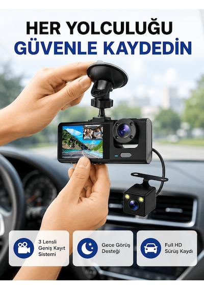 Tek Üç Kameralı Araç İçi Kayıt Sistemi Full Hd Gece Görüşlü Ve G-sensör Destekli Najmaddin 19247543