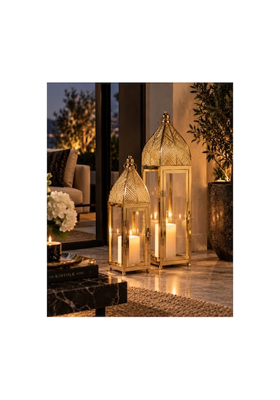 Sleep Nova Gold Metal Camlı Dekoratif Fener 2 Li Set Altın
