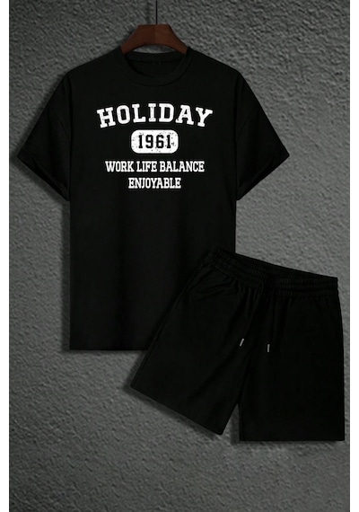 Uyguntarz Unisex Holiday Baskılı Şort Takım Siyah