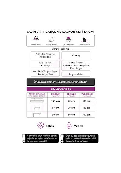 Lavin Serisi 1.sınıf 3+1+1 Bahçe Balkon Oturma Grubu Siyah Metal İskelet Gri Minderli Orta Sehpalı