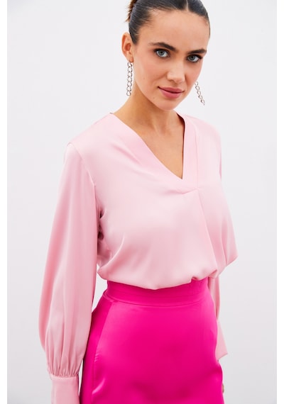 Sateen V Yaka Saten Bluz - Pembe-134907 Pembe
