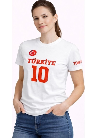 Kadın Türkiye Ay Yıldız Baskılı 10 Numara Forma Tişört Taraftar T-shirt - Beyaz