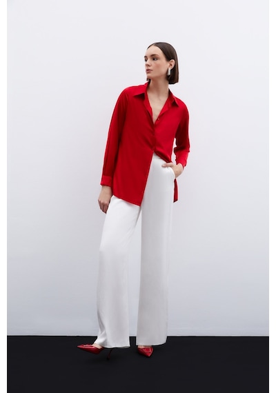 Sateen Oversize Saten Gömlek - Kırmızı