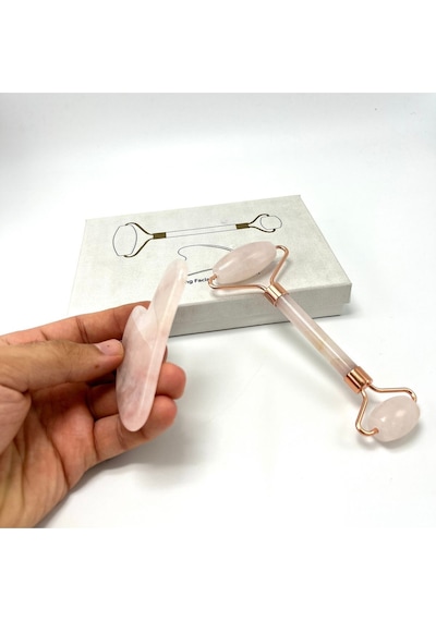 Yıldız Doğal Taş Sertifikalı Pembe Kuvars Roller + Gua Sha Doğal Taş Masaj Aleti