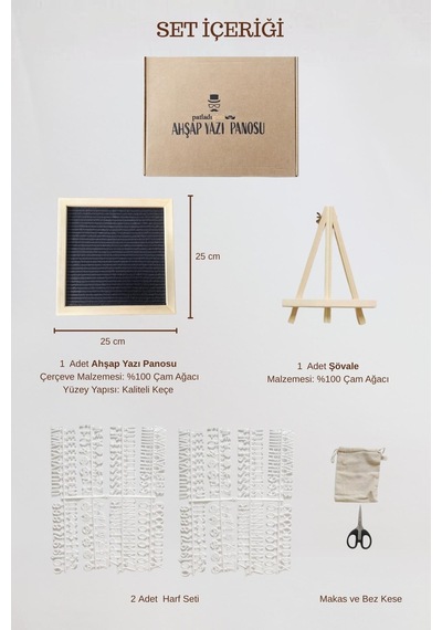 Woodart Premium Letter Board Seti, Mat Gece Siyahı Keçe Yüzeyli Doğal Çam Ahşap Yazı Panosu Şövale Standlı Dekoratif Set Siyah