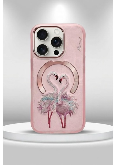 Apple iPhone 16 Pro Uyumlu Magsafe Destekli 3d Gerçek Nakış İşlemeli Flamingo Desenli Kılıf