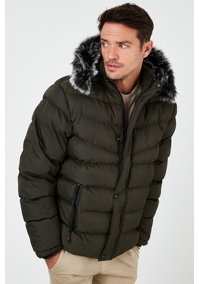 Buratti Slim Fit Suni Kürklü Peluş Astarlı Çıkarılabilir Kapüşonlu Şişme Erkek Mont 5761080 B Haki
